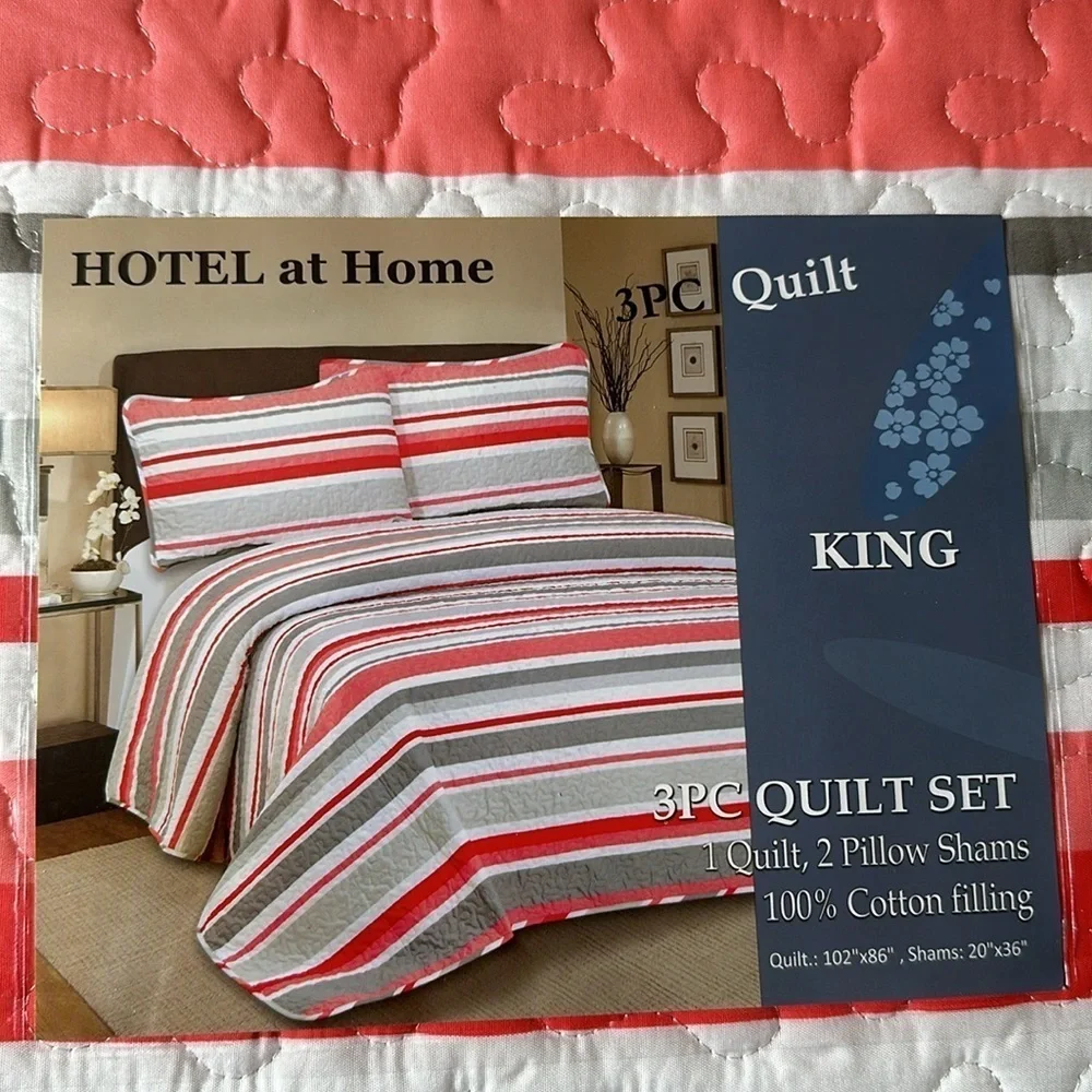 Hotel at home King 3pc Quilt set Shades of Orange Stripes